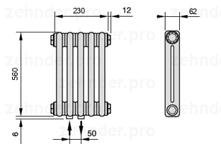 Схема (чертеж) Радиатор Zehnder Charleston 2056/5 №3470 Белый глянцевый RAL 9016